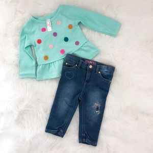 Like new Polka dot peplum top/heart stitched jeans